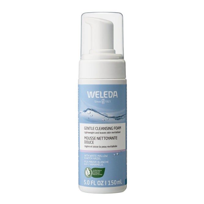 Weleda Gentle Cleansing Foam, 5.0 fl oz (150 ml), features a white pump and blue label. Enriched with white mallow and witch hazel, its foaming formula gently cleanses and refreshes skin.