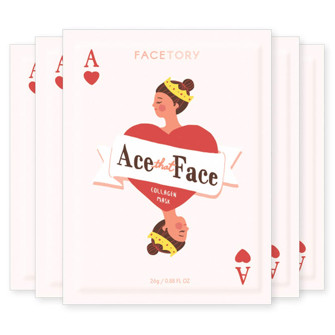 An illustration of a face mask package styled as a playing card depicts the Ace of Hearts with a crowned woman. It features Ace That Face at the center and FaceTory Firming Collagen Sheet Mask below, infused with hydrating essence and mushroom extract for radiant skin.