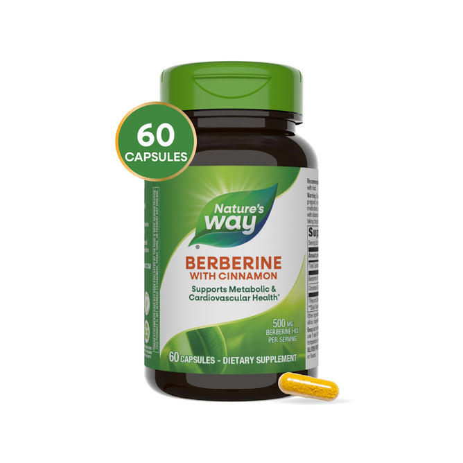 A bottle of Natures Way Berberine with Cinnamon, Supports Metabolic & Cardiovascular Health (60 capsules) is shown with a single yellow capsule beside it.