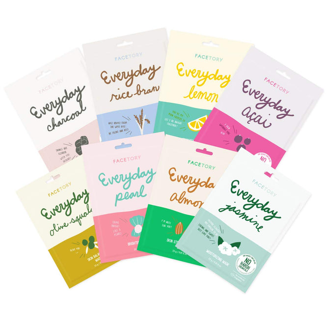 Explore FaceTorys Everyday 8 face masks, made from natural, plant-based ingredients. Featuring flavors like charcoal, rice bran, and lemon, each mask package is uniquely colored and designed to reflect its distinctive flavor.