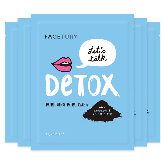 FaceTorys Lets Talk Detox PURIFYING mask features blue packaging adorned with Lets Talk DETOX and a stylish pink lips and black minerals illustration, highlighting its potent charcoal and volcanic ash formula ideal for rejuvenating acne-prone skin.