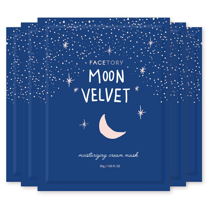 FaceTorys Moon Velvet MOISTURIZING Sheet Mask comes in a dark blue package adorned with shea butter graphics, white twinkling stars, and a crescent moon. The text includes MOON VELVET MOISTURIZING and moisturizing cream mask.