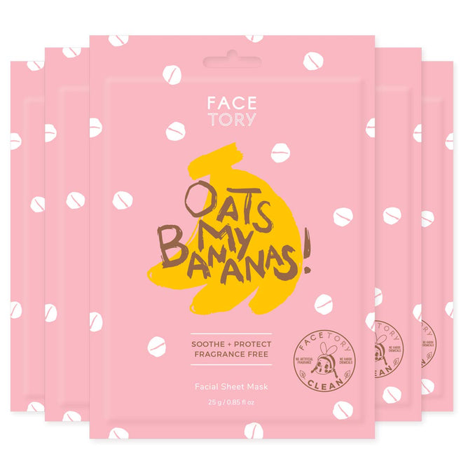 The Oats My Bananas Sheet CALMING Mask by FaceTory comes in playful pink packaging with a banana illustration, highlighting its fragrance-free, soothing formula infused with oat extract and boasting a clean beauty certification for its hydrating essence.