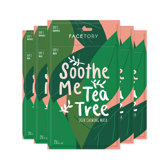 Four packets of FaceTory 2-step Soothe Me Tea Tree masks are stacked, featuring vibrant green packaging with leaf illustrations and white text. Infused with chamomile flower extract, these masks calm blemishes for a refreshed complexion.