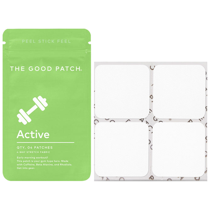 A green package labeled The Good Patch, featuring a white dumbbell icon, contains the Active Wellness Patches beside a sheet of four adhesive squares with a subtle pattern. These plant-powered patches are crafted for workout recovery, offering sustained release benefits.