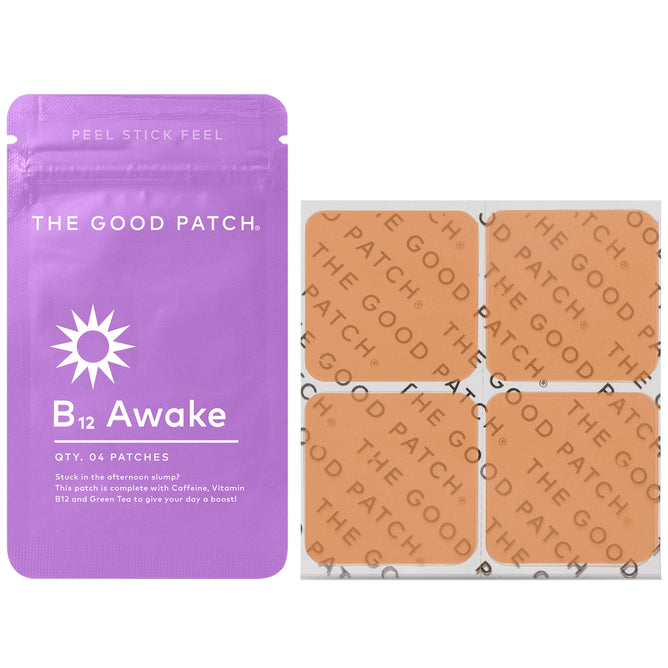 The Good Patch B12 Awake features sleek purple packaging containing four square wellness patches. Infused with caffeine, vitamin B12, and green tea, these patches effectively energize and invigorate your senses.