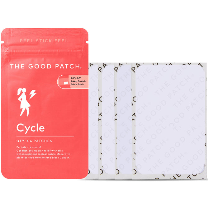 A red package labeled The Good Patch: Cycle Plant Patch with lightning bolt graphics lies next to four square white adhesive patches, offering quick menstrual relief with menthol and black cohosh.