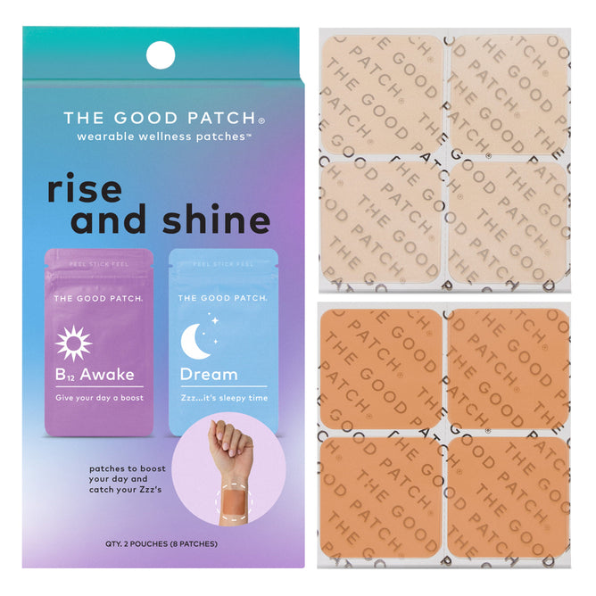 The Good Patchs Rise and Shine Set showcases their Wearable Wellness Patches: B12 Awake in purple packaging and Dream in blue, with close-up views highlighting the beige and orange designs of the soothing Dream patches.