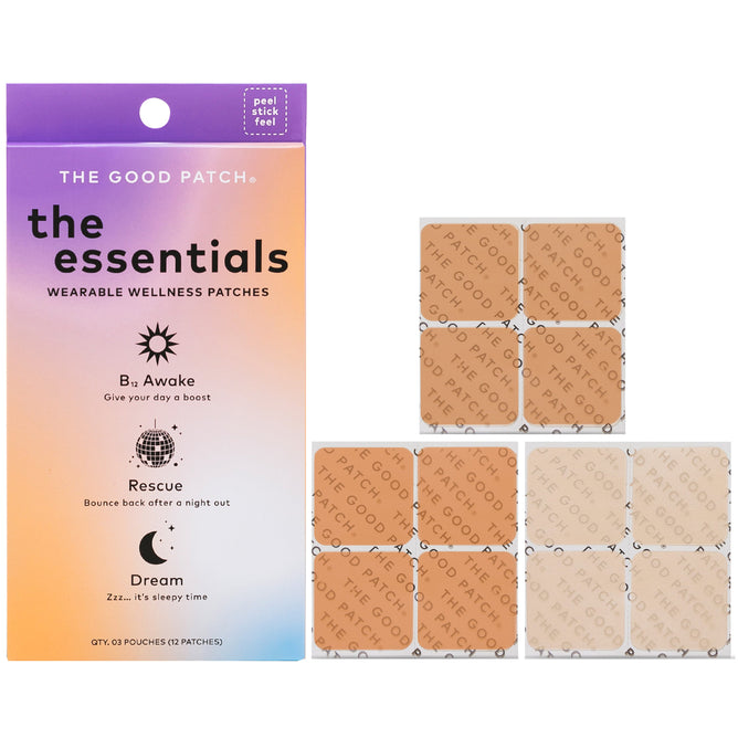 The Good Patch - Wearable Wellness Patches: The Essentials Set includes three vegan patches—B12 Awake, Rescue, and Dream. The nine patches displayed feature unique designs with sustained release benefits. The box boasts a gradient color scheme.