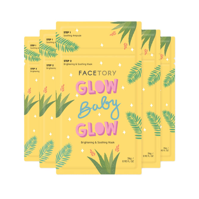 Yellow packets of FaceTorys 2-step Glow Baby Glow masks are displayed, made with cupra sheet technology, enriched with Niacinamide and Aloe Barbadensis Extract. They feature green leaves, a pink flower design, and instructions labeled as Step 1 and Step 2.