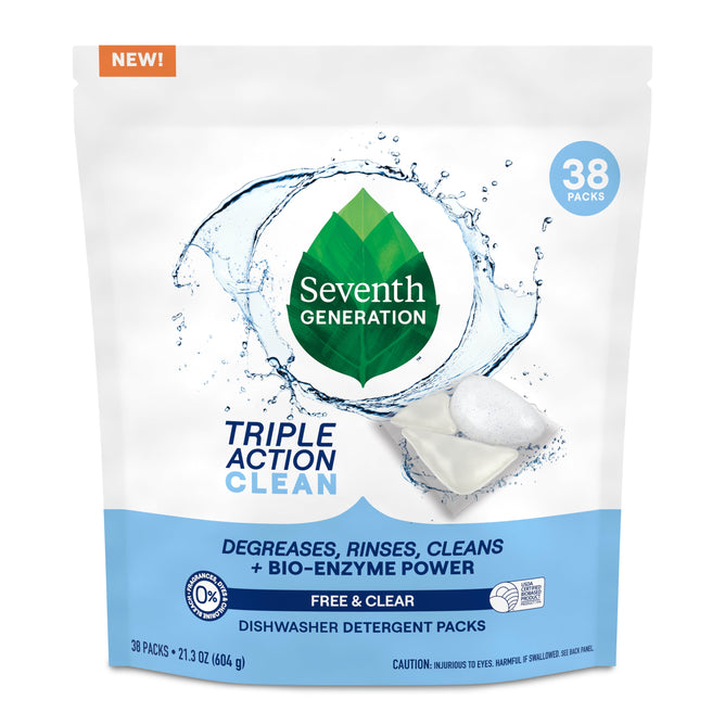 A resealable bag of Seventh Generation Multi-Chamber Dishwasher Detergent Packs boasts Bio-Enzyme Power. The white packaging with a green leaf logo emphasizes its superior degreasing, rinsing, and cleaning abilities. Contains 38 powerful packs.