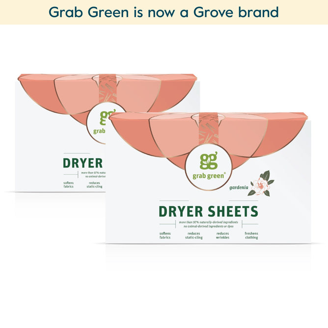 Two boxes of grab green Classic Dryer Sheets - 2 Pack - Gardenia (Coming Soon!) are displayed on a white background with a banner above stating grab green is now a Grove brand, emphasizing their ability to soften fabrics and reduce static cling.