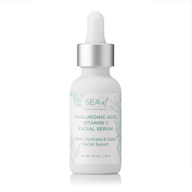 A 30 mL (1 fl oz) white bottle of Sea-el Hyaluronic Acid Vitamin C Serum with a dropper cap, labeled as a firming and hydrating solution for glowing skin.