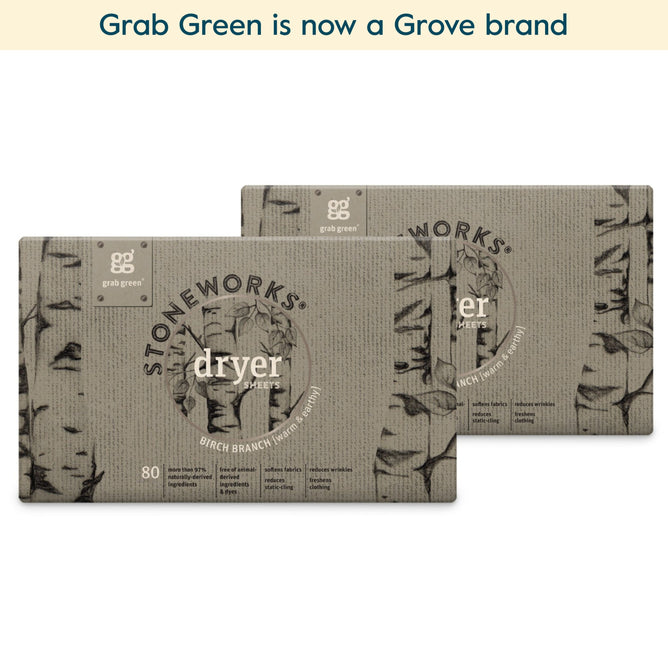 Two boxes of grab green Stoneworks Dryer Sheets in Birch Branch are shown. Each box has 80 sheets to soften fabrics and reduce static cling. The text above says, grab green is now a Grove brand. (Coming Soon!).