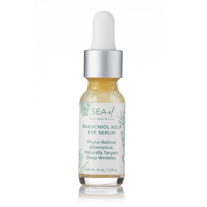 A small glass bottle of Sea-el Vitamin C Kelp Eye Gel with a dropper cap. This gel targets deep wrinkles and helps reduce puffiness. Net weight: 15 mL (0.5 fl oz).