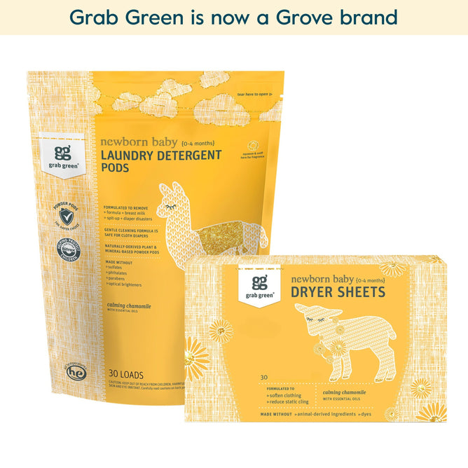 Two yellow and white grab green Newborn Laundry Detergent Pods + Dryer Sheets Kit (Coming Soon!) packages with illustrated llamas, featuring soothing chamomile. Text above reads grab green is now a Grove brand.