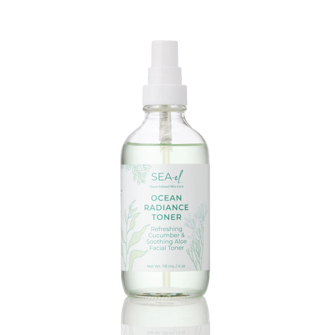 A 118 mL clear spray bottle of Sea-el Ocean Radiance Toner with cucumber, aloe, and marine extracts for facial use, shown against a white background.