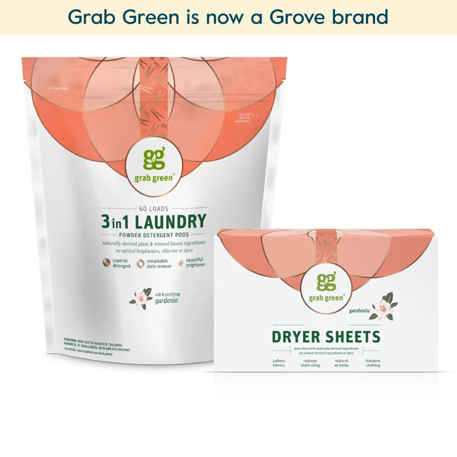 Above the products, grab green is now a Grove brand appears. Shown: Classic 3in1 Laundry Detergent Pods + Dryer Sheets - Gardenia (Coming Soon!) from grab green.