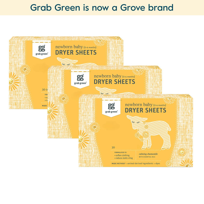 Three boxes of grab green Newborn Baby Dryer Sheets - 3 Pack - Chamomile (Coming Soon!) in yellow packaging with a lamb illustration and floral accents. Gentle chamomile scent. Text above: grab green is now a Grove brand.