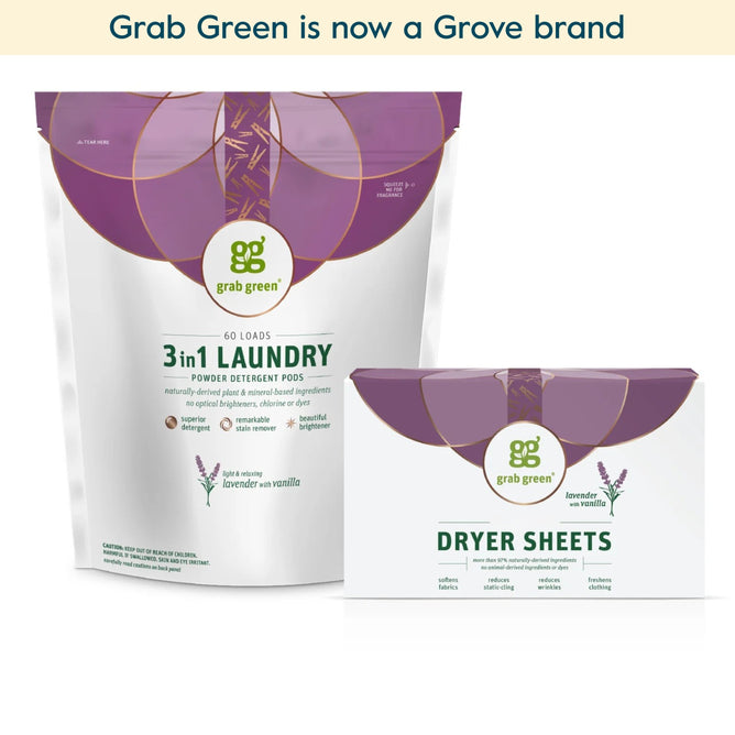 The Classic 3in1 Laundry Detergent Pods + Dryer Sheets - Lavender with Vanilla (Coming Soon!) from grab green are displayed with a banner announcing that grab green is now a Grove brand.