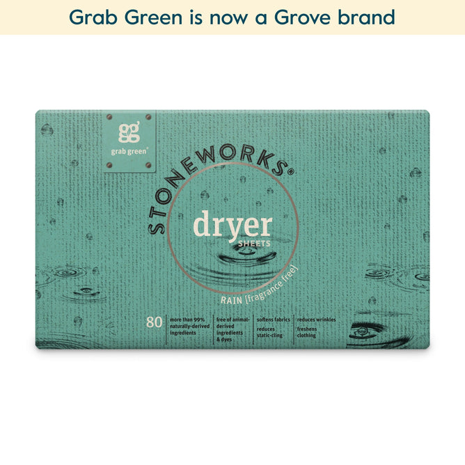 The grab green Stoneworks Dryer Sheets - 2 Pack - Rain (Coming Soon!) offers 80 fragrance-free sheets per teal box, featuring water droplet designs. These sheets soften fabrics, reduce static-cling, and are now part of the Grove brand.