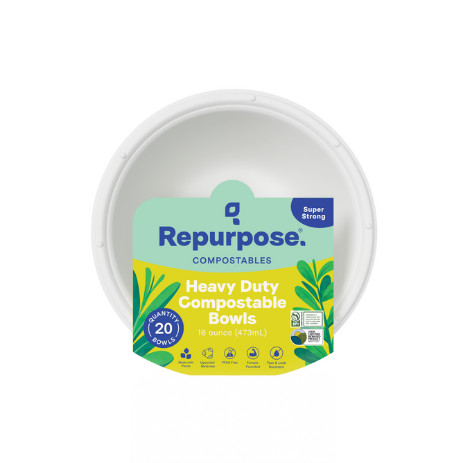 A white compostable bowl made from non-toxic sugarcane scraps features a green and blue label with plant graphics and eco-friendly icons, reading Repurpose Compostable Bigger Bowls, 16 oz (473 mL), 20 count.