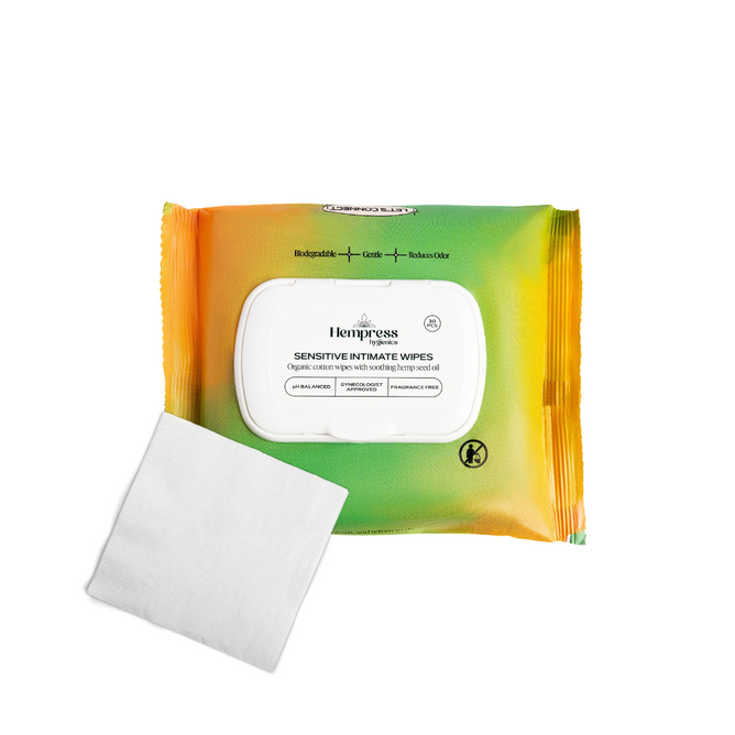 Hempress Hygienics Sensitive Intimate Wipes are hypoallergenic, fragrance-free, and made with organic cotton for gentle care.