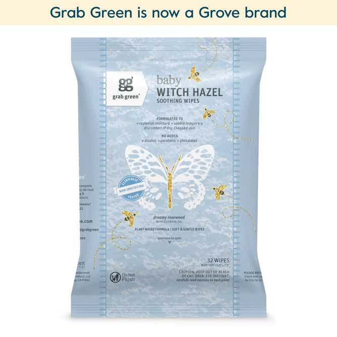 A pack of grab green Baby Wipes - Witch Hazel (Coming Soon!) features 32 wipes gentle for baby’s skin. Packaging shows a white butterfly on light blue with gold accents. Paraben-free and enriched with soothing witch hazel.