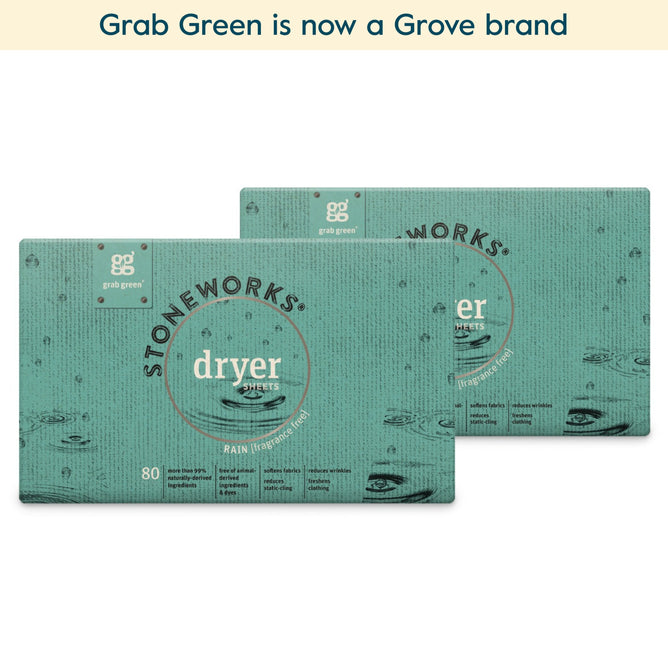 Two boxes of grab green Stoneworks Dryer Sheets - 2 Pack - Rain (Coming Soon!) are displayed side by side on a white background. A banner above states, Grab Green is now a Grove brand.