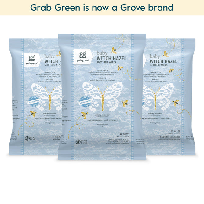 Three blue grab green Baby Wipes - 3 Pack - Witch Hazel (Coming Soon!) packages with butterfly and gold accents are shown side by side. These gentle, paraben-free wipes for babies now come from Grove, as highlighted in the banner above.