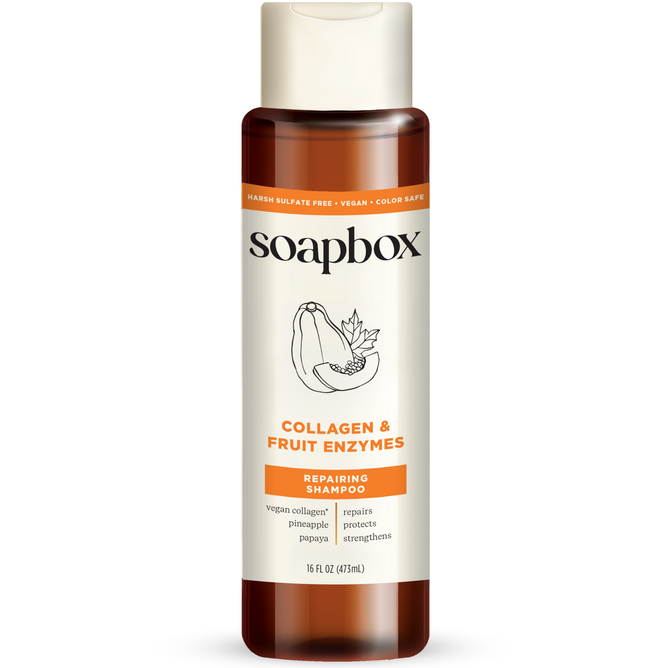 A 16 fl oz bottle of Soapbox Vegan Collagen & Fruit Enzymes Strengthening Shampoo, enriched with collagen peptides and pineapple papaya, features a vitamin complex that repairs, protects, and strengthens hair.