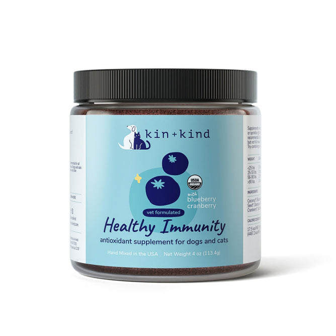 The kin+kind Immunity Booster Powder Supplement for Dogs & Cats is USDA organic, vet-formulated, and hand-mixed in the USA. Enriched with blueberries and cranberries for urinary tract health, each jar weighs 4 oz (113.4 g).