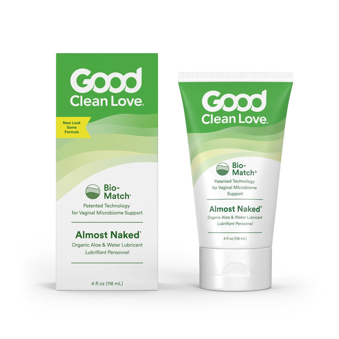 The packaging of Good Clean Loves Almost Naked Organic Personal Lubricant includes a green and white rectangular box and tube, emphasizing its moisturizing, natural lubrication from an organic aloe and water-based formula.