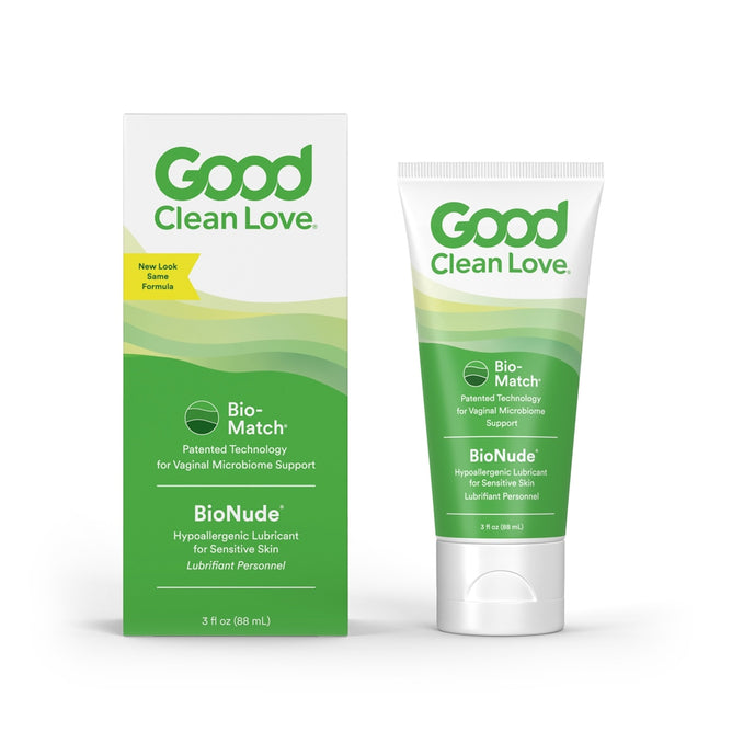 The BioNude Ultra Sensitive Personal Lubricant by Good Clean Love features a green and white design on both the box and matching tube, emphasizing its hypoallergenic nature for sensitive skin.