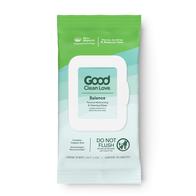 The image showcases Good Clean Loves Rebalance Personal Moisturizing & Cleansing Wipes, featuring white and green packaging. These pH-balanced wipes are enriched with soothing botanicals and organic aloe, contain 30 intimate wipes, and advise against flushing.