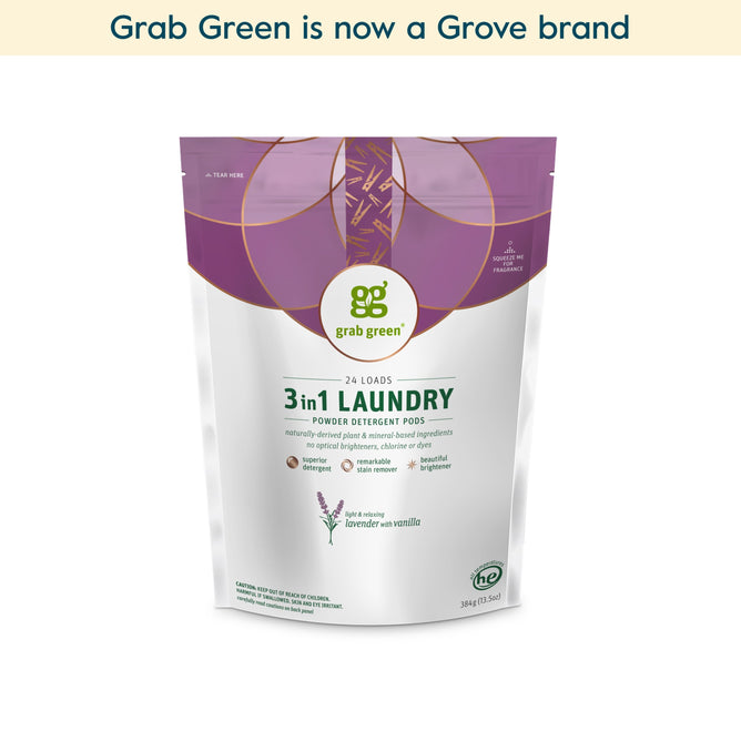 A white and purple package of grab green 3 in 1 Laundry Detergent Pods - Lavender with Vanilla features powerful stain removal and detergent. Now a Grove brand. (Coming Soon!).