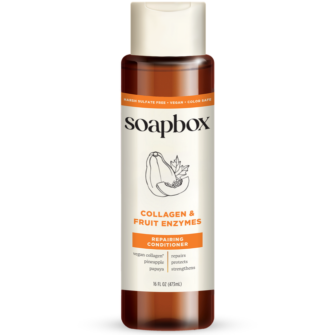 The Soapbox Vegan Collagen & Fruit Enzymes Strengthening Conditioner includes collagen peptides and is promoted as sulfate-free, vegan, and color-safe. Papaya images emphasize repair and protection benefits. The bottle holds 16 fl oz (473 mL).
