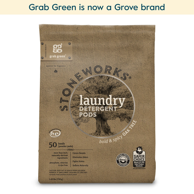 A brown bag of grab green Stoneworks Laundry Detergent Pods - Oak Tree (Coming Soon!) features a bold, nature-inspired scent. The pack contains 50 pods and displays HE, Safer Choice, Grove brand labels, plus an oak tree illustration.