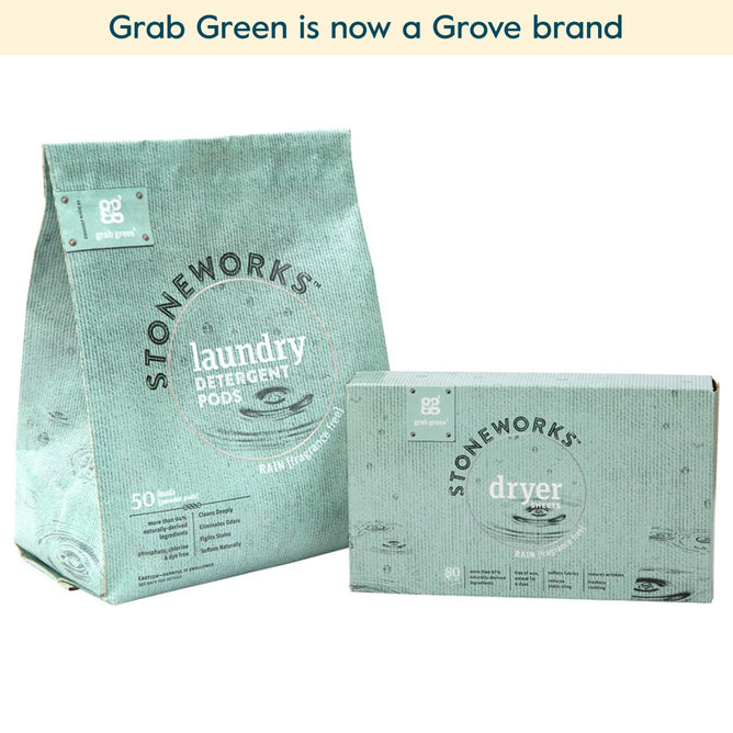 Two teal packages are shown: grab green Stoneworks Laundry Pods and Dryer Sheet Kit - Rain (Coming Soon!). The text above reads, grab green is now a Grove brand.