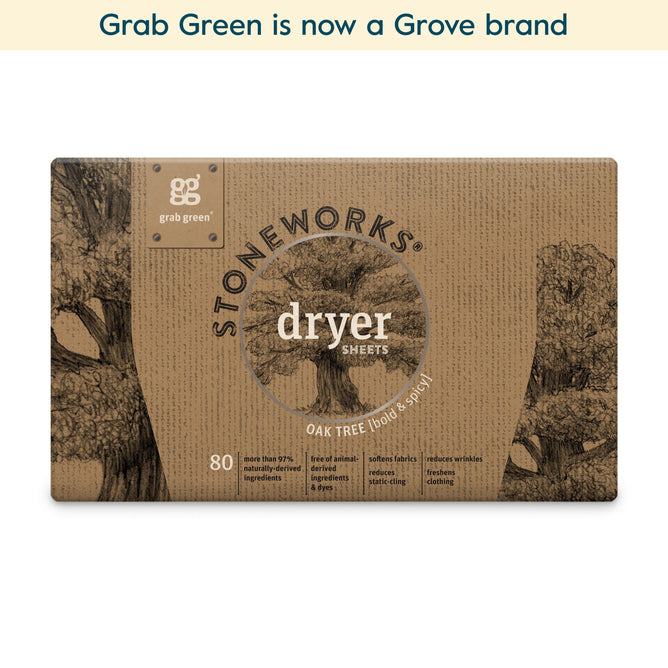 Coming soon: grab green Stoneworks Dryer Sheets - Oak Tree. 80 sheets per box, 100% plant-based. Features an oak tree illustration; helps reduce static cling and naturally soften fabrics. Now part of Grove brands.