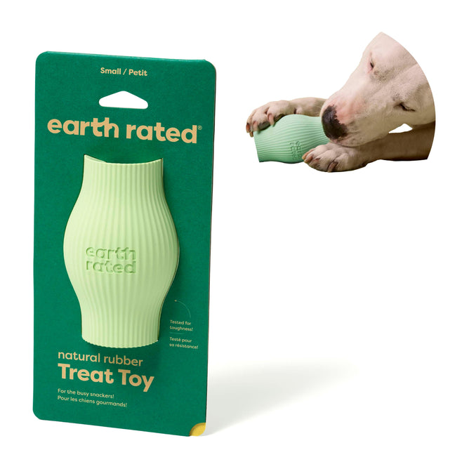 Earth Rated Treat Dispensing Dog Toy to Promote Enrichment and Slow Feeding, freezer friendly, comes in teal packaging with yellow and white text. A photo of a light-colored dog chewing the toy is shown in the top right corner.