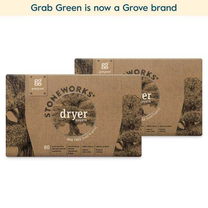 Two boxes of grab green Stoneworks Dryer Sheets - 2 Pack - Oak Tree (Coming Soon!) are shown. Text reads: grab green is now a Grove brand—dryer sheets that fight static cling and reduce wrinkles.