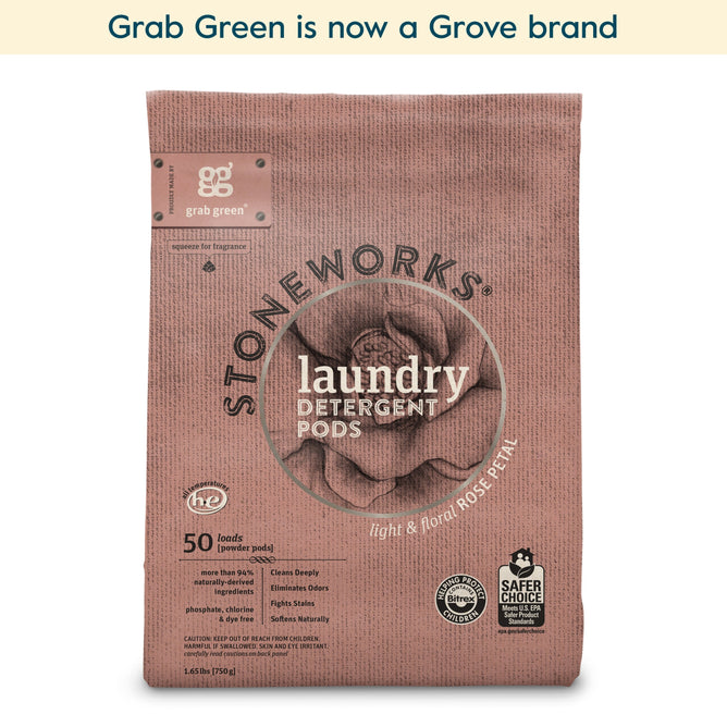 A pink bag of grab green Stoneworks Laundry Detergent Pods - Rose Petal (Coming Soon!) includes 50 pods with a light, floral scent. Now part of Grove and Safer Choice labeled, these pods clean deeply and neutralize odors.