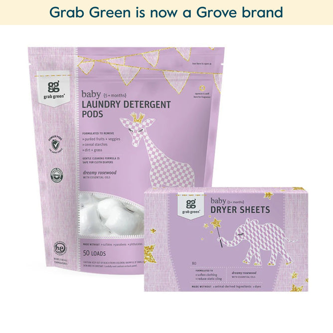 A pack of grab green Baby Laundry Detergent Pods + Baby Dryer Sheets Kit (Coming Soon!) with gentle Rosewood scent, in pastel purple packaging with giraffe and elephant designs. Banner: grab green is now a Grove brand.