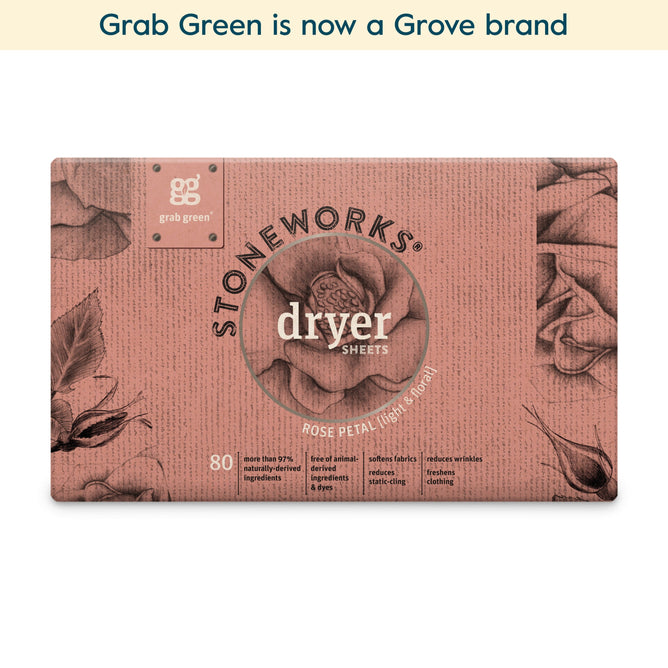 A box of grab green Stoneworks Dryer Sheets - Rose Petal (Coming Soon!) with floral art on a pink background, featuring 80 sheets, eco-friendly ingredients, fabric softener benefits, and now part of Grove.