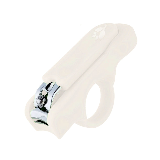 The Green Sprouts Baby Nail Clipper features a white plastic finger guard with a metal blade and silicone cover for safe use. The shiny blade gleams, enhanced by a decorative small leaf design on the finger guard.