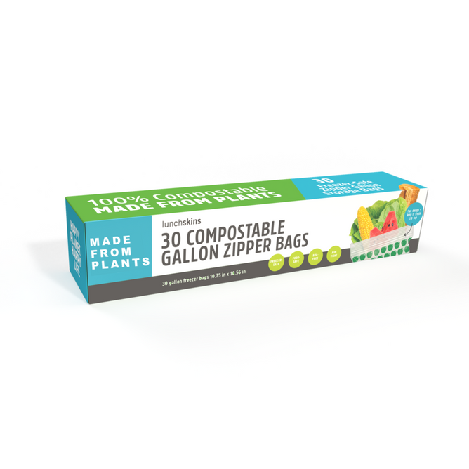 Lunchskins Ziptop Compostable Gallon Bags feature plant and produce images and a Made from Plants label, emphasizing eco-friendly disposal. The blue and green bags highlight leak-resistant construction for compostable freezer-safe use.