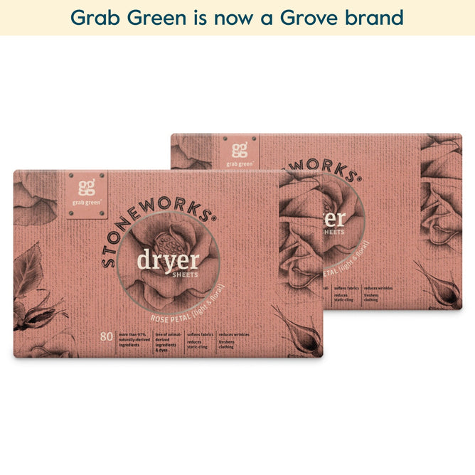 Two boxes of grab green Stoneworks Dryer Sheets - 2 Pack - Rose Petal (Coming Soon!) are pictured with a pink, floral design. These dryer sheets soften fabrics and reduce static cling. Text above: grab green is now a Grove brand.