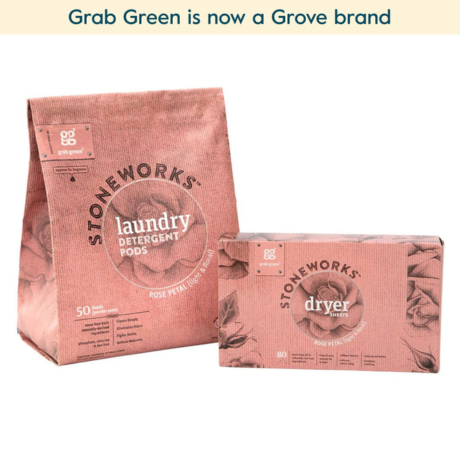 Two pink packages of grab green Stoneworks Laundry Pods and Dryer Sheet Kit in Rose Petal. Text above: grab green is now a Grove brand. Fresh, floral laundry care—Rose Petal scent coming soon!.