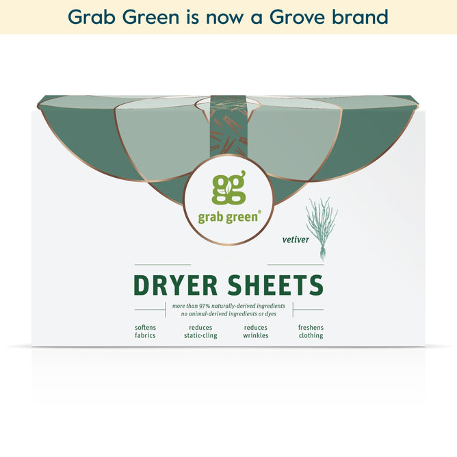 A box of grab green Classic Dryer Sheets - Vetiver (Coming Soon!) in green and white packaging with leaf graphics, highlighting benefits like softening fabrics, reducing static cling, minimizing wrinkles, and freshening.